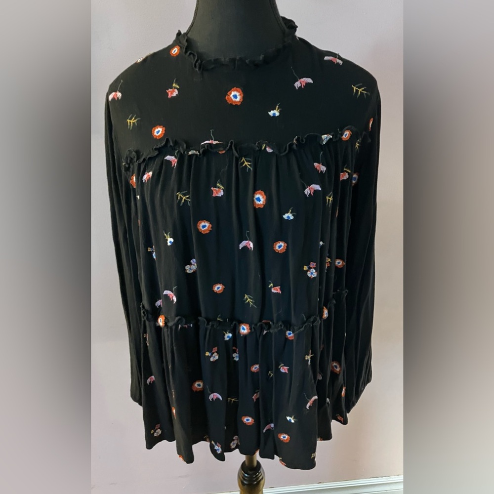 Long Sleeved Black Embroidered Babydoll Top size M
